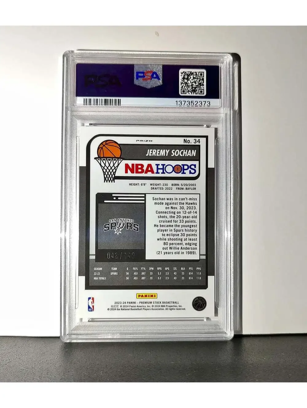 Jeremy Sochan 2023 Panini Hoops Premium #34 48/149 Red Disco Prizm PSA 10 Gem